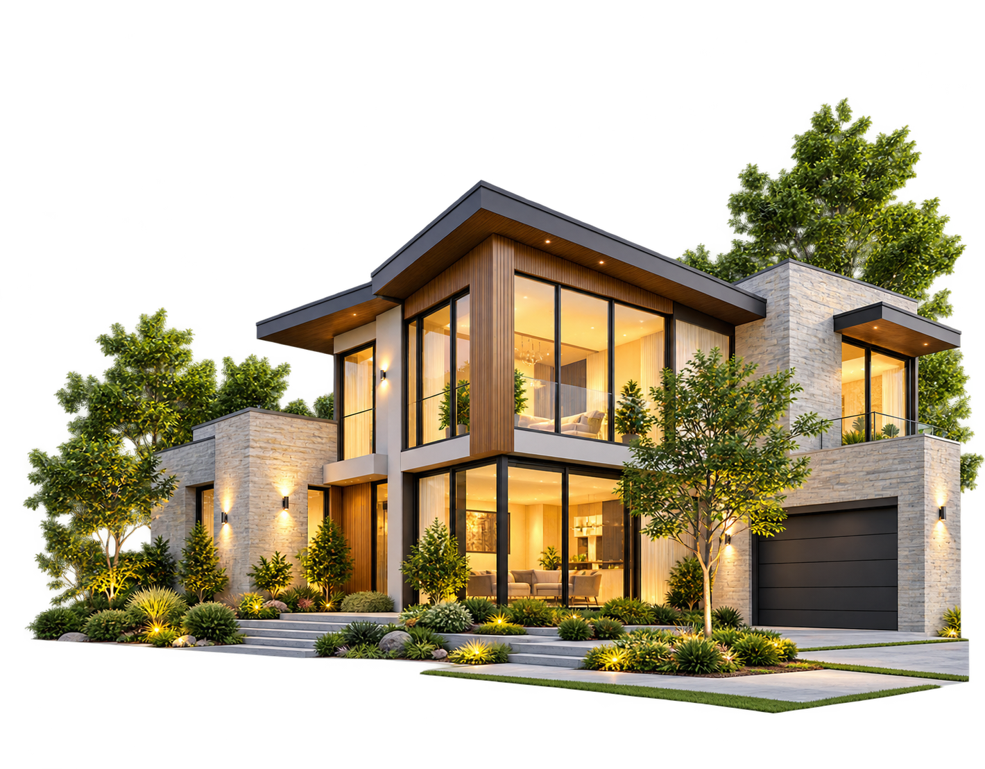 Modern luxury Houston home illuminated at dusk
