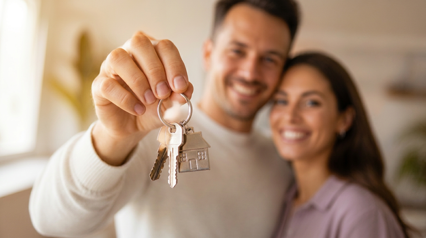 New homeowners holding the keys to their Houston home