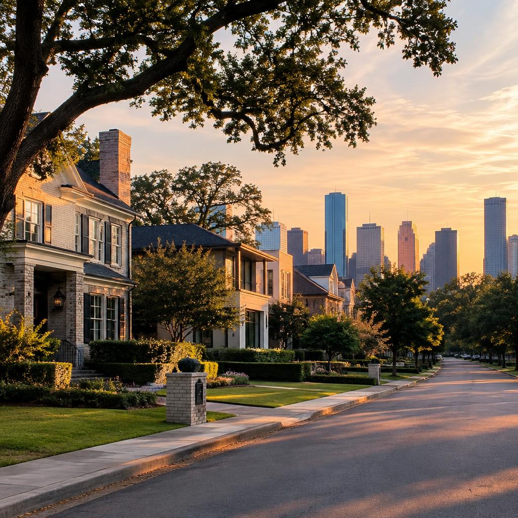 Upscale Houston neighborhood street at golden hour with the skyline beyond