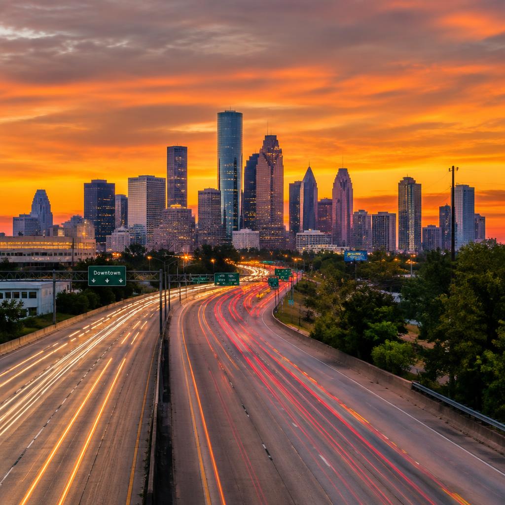 Freeway leading to downtown Houston at sunset