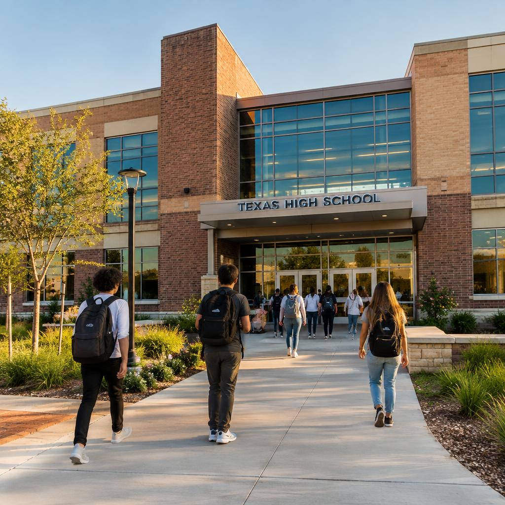 Students walking toward a modern Houston-area school campus