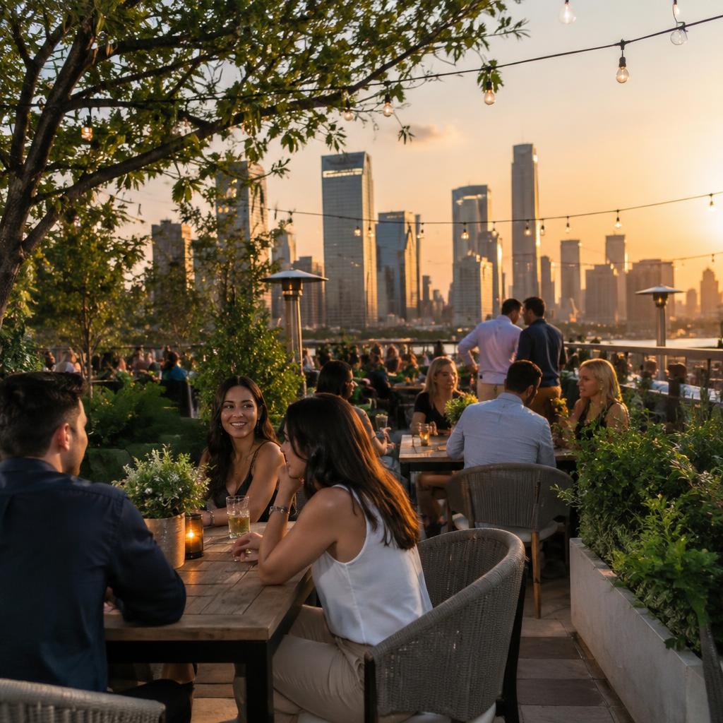 People dining outdoors under string lights with the Houston skyline