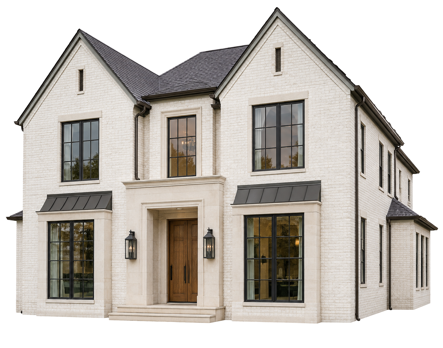 Illustrative luxury white-brick home with natural stone detailing