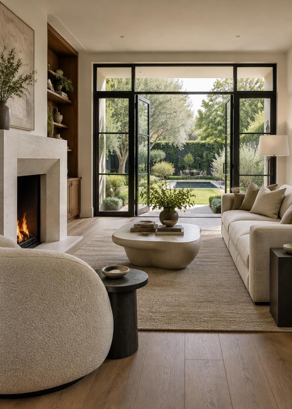 Illustrative staged home interior with natural limestone, oak and linen finishes