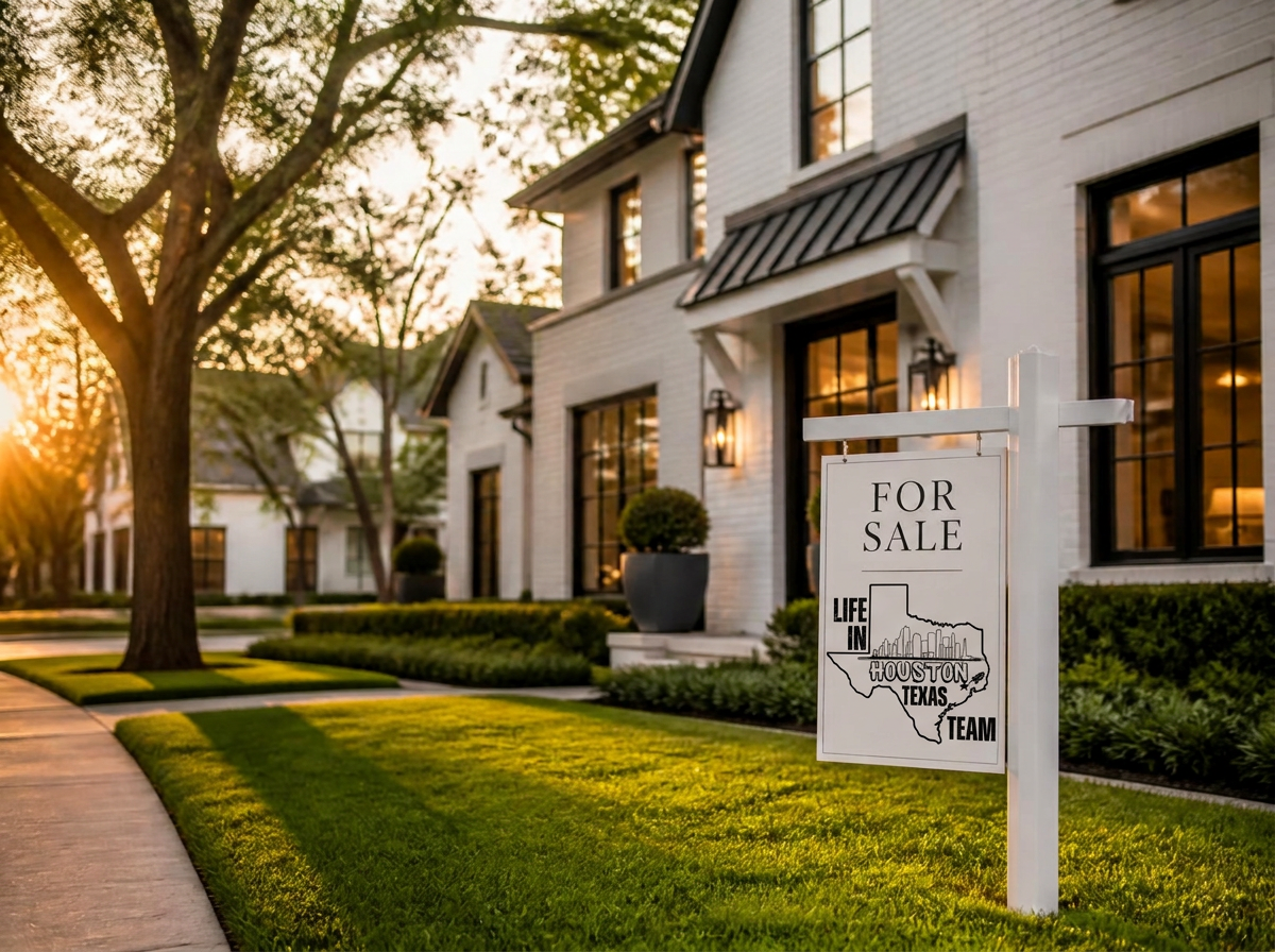 Houston home for sale with a Life in Houston Team yard sign at golden hour